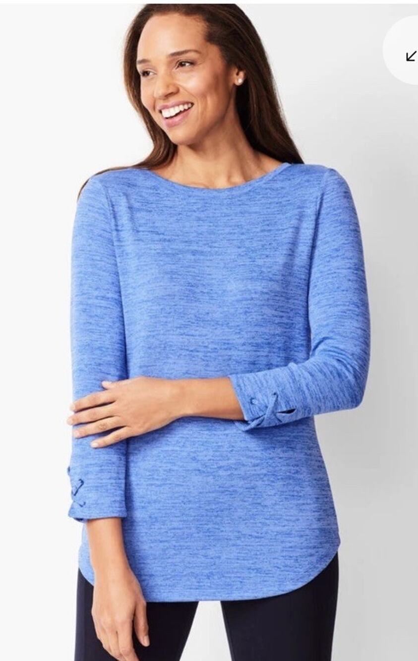 T By Talbots Top 100% Cotton 3/4 Sleeve Womens L Blue Surplice Back Lace Cuffs